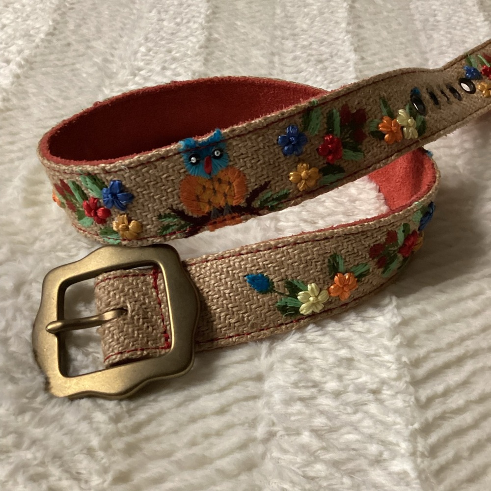 BEAUTIFUL Jute With Genuine Leather Brass Buckle Floral Owl Print Women’s Belt28 - Picture 2 of 9